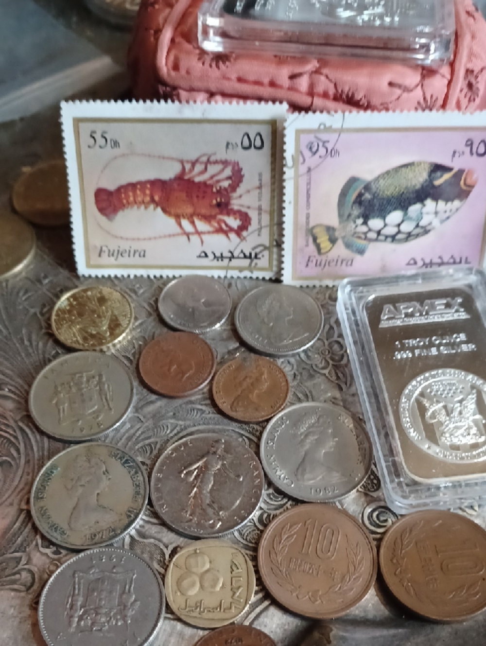 Mixed World Coin &Ingot and Stamp Lot - Metallic Coins with Two Fujeira Stamps